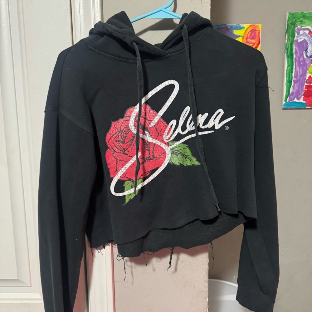 Black Cropped Hoodie with Red Rose Graphic